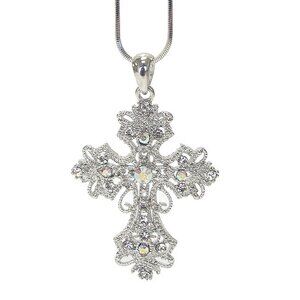 Girls Ladies Ornate Vintage Cross Aurora Borealis Clear Crystal Pendant Necklace